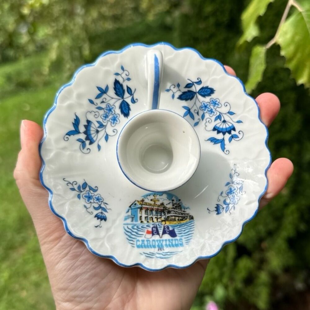 Vintage Porcelain Blue White Chamberstick Candle Holder Carowinds Amusement Park